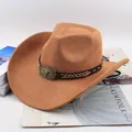 Western cowboy hat in tan felt featuring a leather band with bull head metal buckle - Paper Rope Bull Head Style / Deep Beige