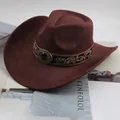 Classic brown western cowboy hat with decorative embroidered band and metallic buckle - Single Eye Buckle Style / Coffee