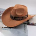 Tan suede western cowboy hat with an ornamental embroidered band and decorative buckle. - Single Eye Buckle Style / Deep Beige