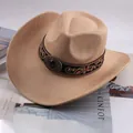 Classic khaki western cowboy hat featuring an embroidered band and a decorative metal buckle - Single Eye Buckle Style / Light Beige
