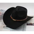 Black felt western cowboy hat featuring a brown beaded band with a golden leaf accent detail. - Leaf Buckle Style / Black