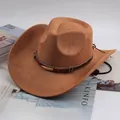 Classic brown suede western cowboy hat featuring a golden metal feather accent band - Leaf Buckle Style / Deep Beige
