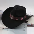 Black felt western cowboy hat with elegant pink floral embroidery and vintage beaded band. - Rose Embroidered Style / Black