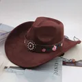 Vintage brown suede western cowboy hat with pink floral embroidery and bead ornament - Rose Embroidered Style / Coffee