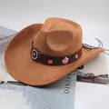 Vintage brown suede western cowboy hat with embroidered pink floral band decoration - Rose Embroidered Style / Deep Beige