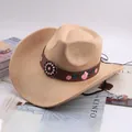 Classic beige western cowboy hat featuring a floral embroidered band and vintage bead detail - Rose Embroidered Style / Light Beige