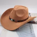 Classic brown suede-style western cowboy hat with decorative turquoise beaded band for unisex - Two Beads Style / Deep Beige