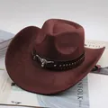 Classic vintage brown western cowboy hat featuring curved brim and silver bull head emblem - 30 Rhinestones Decor Style / Coffee