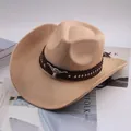 Classic khaki western cowboy hat with metal bull head logo and studded band detail - 30 Rhinestones Decor Style / Light Beige