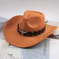 Stylish classic tan suede western cowboy hat with studded band and longhorn bull head emblem - Studded Bull Head Decoration Style / Cattle Yellow