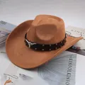 Classic brown suede western cowboy hat with silver bull head emblem and studded band. - Studded Bull Head Decoration Style / Deep Beige