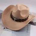 Classic camel Western cowboy hat with rolled brim and studded bull head leather band. - Studded Bull Head Decoration Style / Light Beige