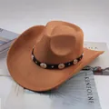 Classic brown suede western cowboy hat with decorative studded leather band for unisex fashion - Circular Stud Decor Style / Deep Beige