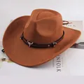 Classic brown suede western cowboy hat featuring a metallic bull head ornament and curled brim - Small Bull Head Style / Cattle Yellow