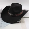 Classic black Western cowboy hat featuring a silver bull head emblem and leather band - Laced Bull Head Style / Black