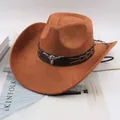 Classic brown western cowboy hat with a metal bull head emblem and curved brim - Laced Bull Head Style / Cattle Yellow