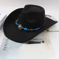 Elegant black western cowboy hat with decorative blue beads and metal medallion band - Single Row Blue Faux Gemstone Style / Black