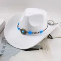 Classic white felt Western cowboy hat featuring a vintage turquoise beaded decorative band - Single Row Blue Faux Gemstone Style / White