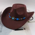 Classic brown suede western cowboy hat with decorative blue stone band accessory - Single Row Blue Faux Gemstone Style / Coffee