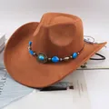 Classic brown suede western cowboy hat featuring decorative blue turquoise and metallic bead band - Single Row Blue Faux Gemstone Style / Cattle Yellow