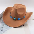 Classic brown suede western cowboy hat featuring decorative blue stone beaded band - Single Row Blue Faux Gemstone Style / Deep Beige