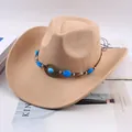 Classic tan western cowboy hat with a decorative turquoise beaded band and curved brim - Single Row Blue Faux Gemstone Style / Light Beige
