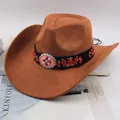 Classic brown suede Western cowboy hat with embroidered floral band and silver buckle detail - Red Flower Embroidery Style / Cattle Yellow
