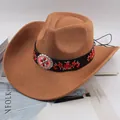 Classic brown western cowboy hat featuring an embroidered band and medallion detail - Red Flower Embroidery Style / Deep Beige