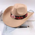 Classic tan Western cowboy hat with embroidered floral band for outdoor fashion style - Red Flower Embroidery Style / Light Beige