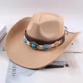 Tan suede western cowboy hat featuring decorative leather band with turquoise beads - Five Gemstone Decor Style / Light Beige