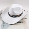 Classic white western cowboy hat with decorative bull head leather band ornament - Bull Head and Blue Studs Style / White