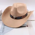 Premium beige suede-like western cowboy hat featuring a metallic bull head and turquoise band - Bull Head and Blue Studs Style / Light Beige