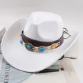 White western cowboy hat featuring a brown leather band with turquoise stones for SKU display - Five Gemstone Decor Style / White