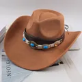 Brown western cowboy hat with turquoise-accented band and curved brim - Five Gemstones Style / Deep Beige