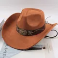 Western cowboy hat in brown suede with bull skull badge and floral metal studs decoration. - Bull Head with Flower Style / Cow Hair Brown