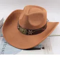 Classic brown felt Western cowboy hat with metal bull head buckle and decorative band - Bull Head with Flower Style / Deep Beige