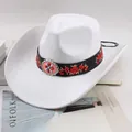 Classic white Western cowboy hat featuring a black band with red floral embroidery - Red Flower Embroidery Style / White