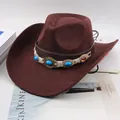 Brown western cowboy hat with decorative turquoise bead band and rolled brim, SKU view. - Five Gemstones Decor Style / Coffee