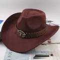 Classic brown faux suede Western cowboy hat featuring an ornate bronze bull head buckle - Curved Bull Head Style / Coffee