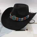 Classic black western cowboy hat featuring turquoise beads and a bronze flower medallion band - Three-Row Crystal Beads Decor / Black