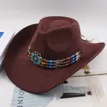 Vintage brown western cowboy hat with decorative beaded band and roll brim detail - Three-Row Crystal Beads Decor / Coffee
