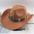 Classic brown felt western cowboy hat featuring a decorative turquoise beaded band - Three-Row Crystal Beads Decor / Deep Beige