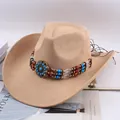 Classic beige Western cowboy hat featuring turquoise beaded band and metal buckle ornament - Three-Row Crystal Beads Decor / Light Beige