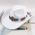 Classic white western cowboy hat with turquoise beaded band decoration and rolled brim - Three-Row Crystal Beads Decor / White