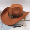 Classic brown suede western cowboy hat featuring a vintage metal bull head buckle design - Curved Bull Head Style / Cattle Yellow