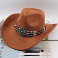 Classic brown suede western cowboy hat with ethnic turquoise beaded band decoration - Three-Row Crystal Beads Decor / Cattle Yellow