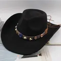Classic black western cowboy hat featuring decorative band with colorful buttons and shells - Handmade Shell Style / Black