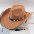 Classic brown suede western cowboy hat with decorative shell and button band - Handmade Shell Style / Dark Beige
