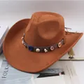 Classic camel brown suede Western cowboy hat with decorative shell and button band - Handmade Shell Style / Cattle Yellow