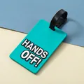 Cyaan PVC kofferlabel met 'Hands Off!' reliëftekst en zwart bandje. - Hands Off Stijl (YK-002) / Groen